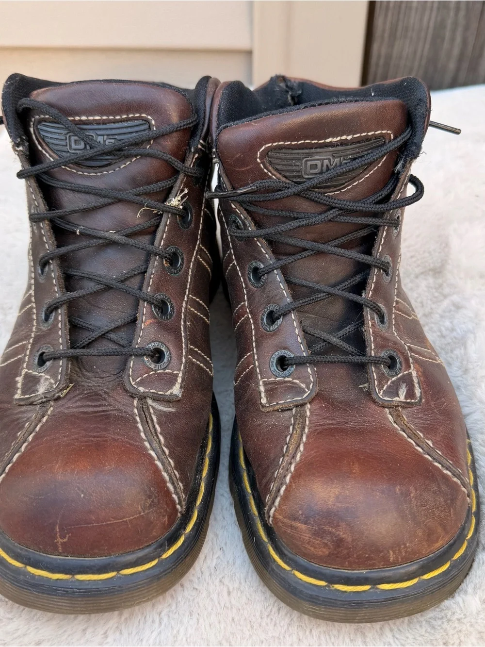 Dr. Martens Brown Leather Lace-Up Work Boots with Yellow Stitching